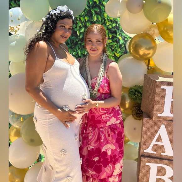 Cream Spaghetti Strap Backless 3D Flowers Maternity Maxi Dress - Picture 4 of 6